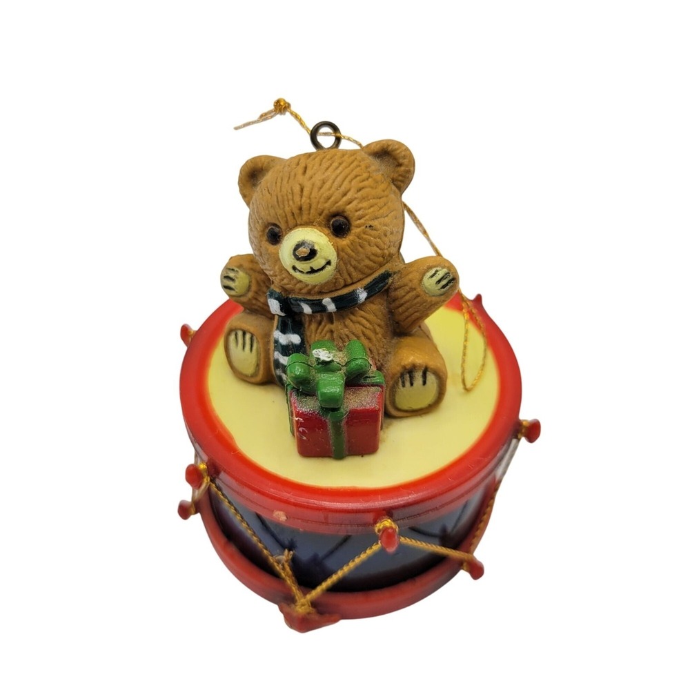 Vintage Teddy Bear On Drum Christmas Ornament With Gift & Scarf Holiday Decor